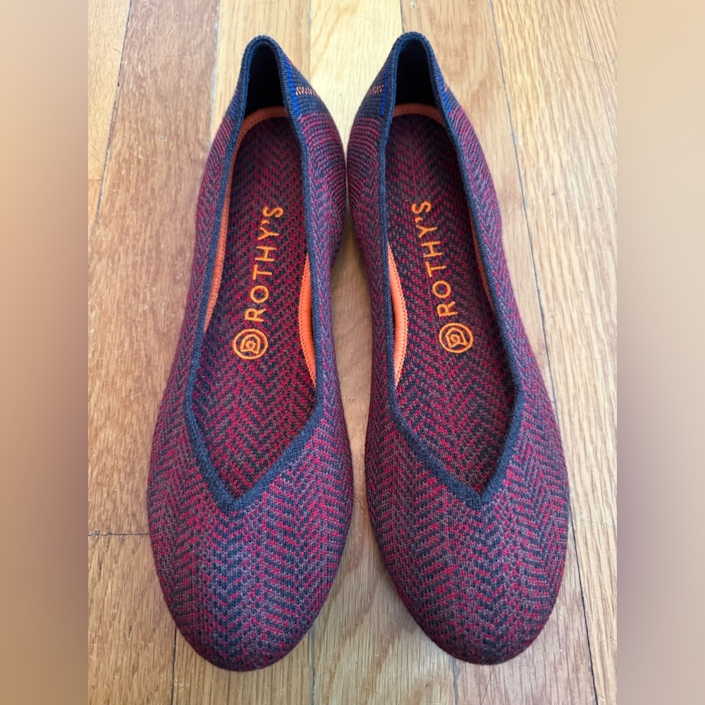 Rothy’s Merino Wool Bordeaux Herringbone Flats Red Gray Size 8 Cozy Hygge Soft